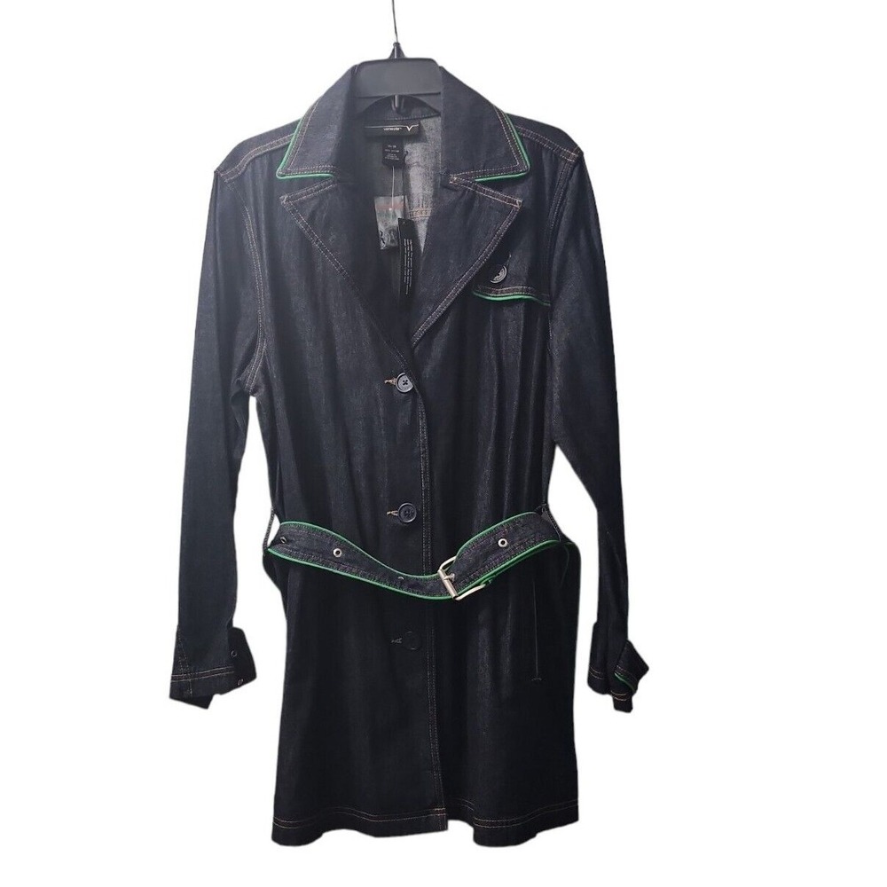 Venezia Denim Trench Coat Belted Green Stitching Dark Wash Dress Size‎ L